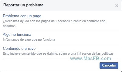 Opciones para reportar un problema en Facebook - MasFB