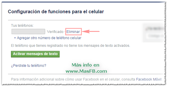 Eliminar número celular de Facebook - MasFB