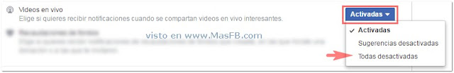 Configuración Notificaciones Videos en Vivo Facebook - MasFB