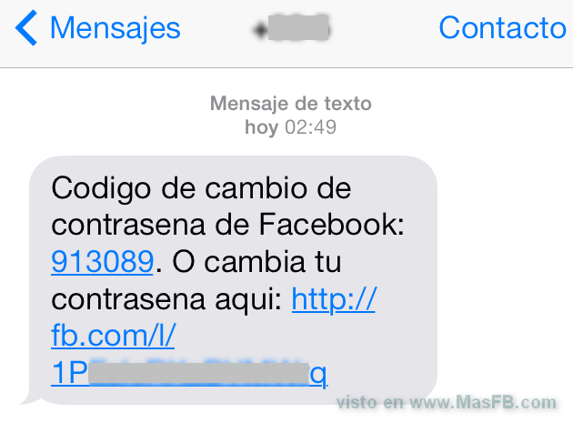 SMS codigo de cambio de password en Facebook - MasFB