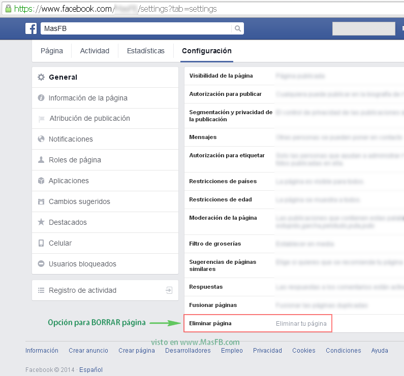 Eliminar pagina en Facebook - MasFB