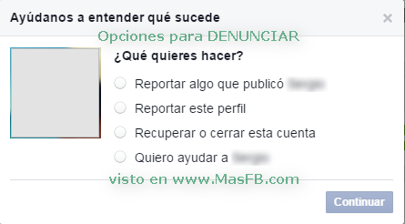 Opciones para denunciar perfil en Facebook - MasFB