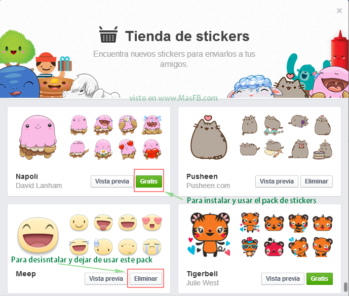 Agregar o Eliminar packs de Stickers de Facebook - MasFB