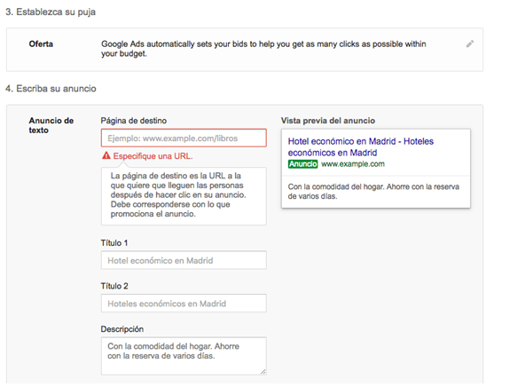 Página destino del anuncio de texto - MasFB