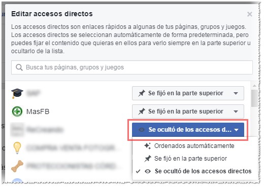 Fijar, ordenar automaticamente u ocultar accesos en Facebook - MasFB