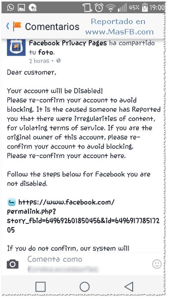 Reporte de ataque contra una página en Facebook - MasFB