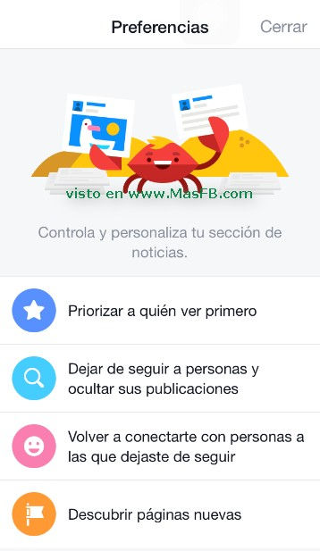 Opciones de preferencias de noticias en Facebook - MasFB